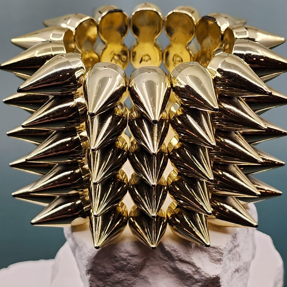 Gold Tone Spiked Stretch Bracelet Wide Multi Row Punk Goth Bold Statement Cuff